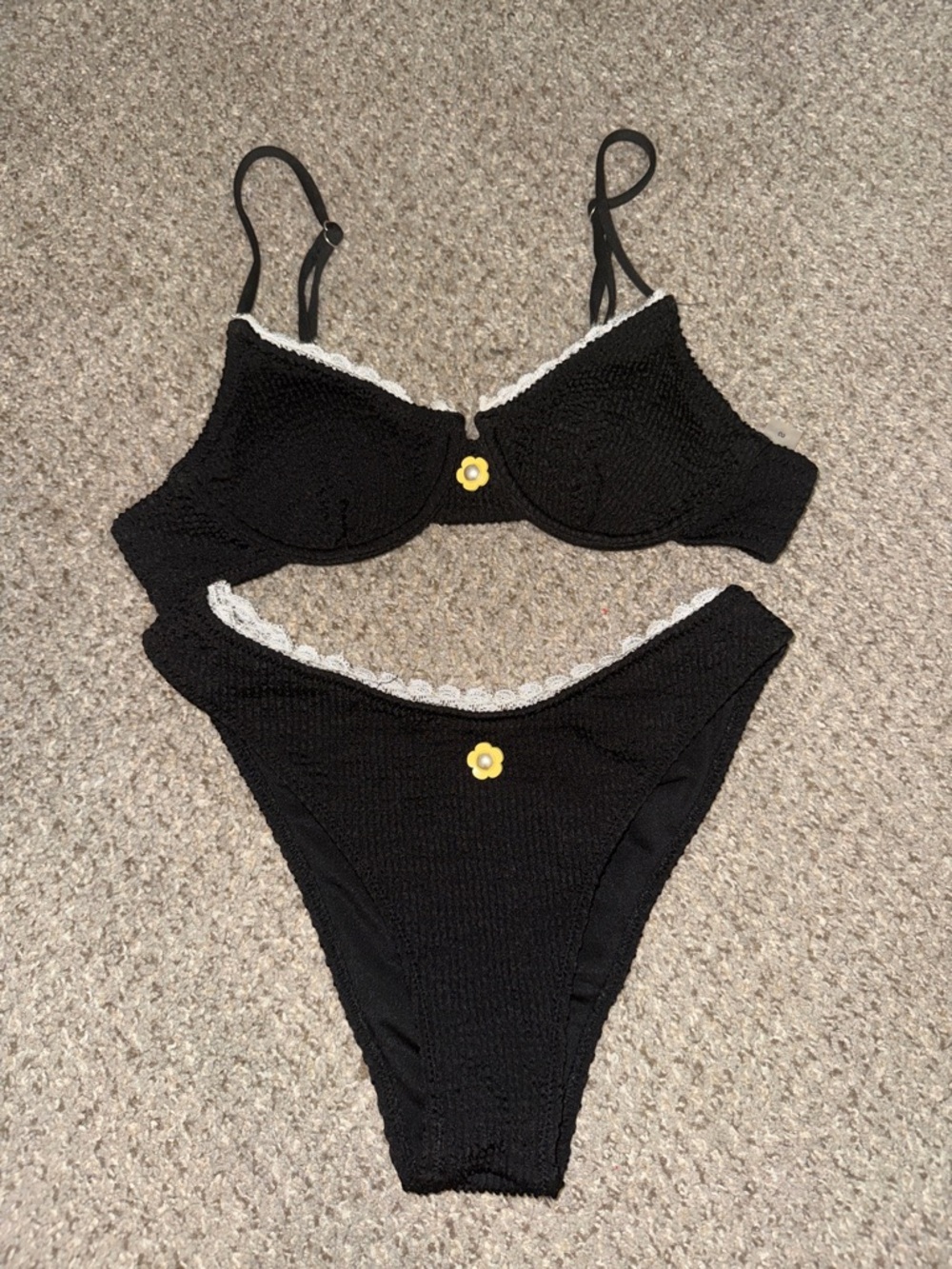 SHEIN Black Bikini Set w/ White Lace Trim & Yellow Flower Accent